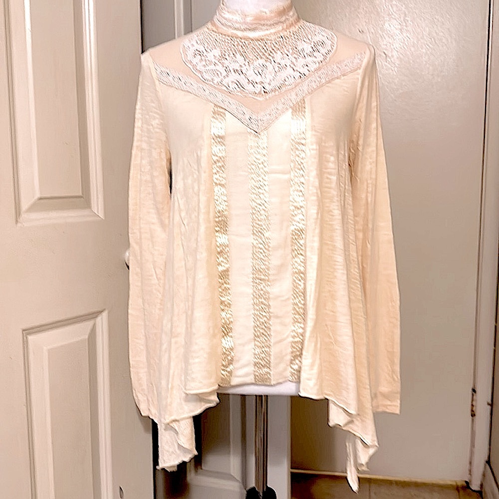 EUC Free People Victorian Lace Satin Long Sleeve Blouse Tunic Ivory Sz S